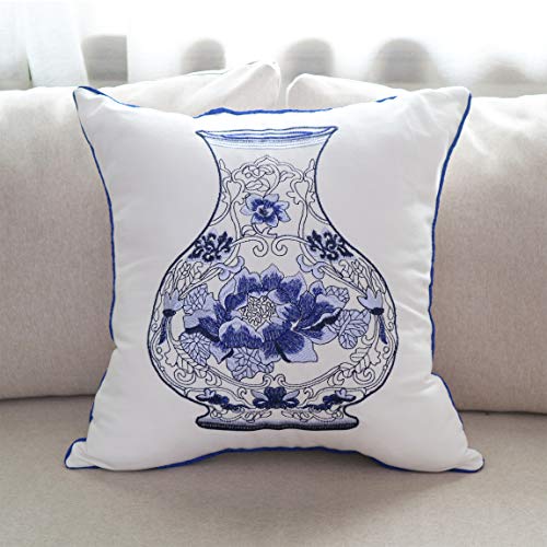 Embroidery Throw Pillow Covers 18x18 Home Décor Floor Pillows Cover for Couch 100% Cotton Cushion Cover 45x45cm Decorative Pillowcase, Chinese Blue and White Porcelain Bottles, 4 Pieces - color: Blue Bottle Set 4
