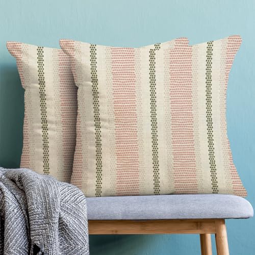 Boho Pillow Covers 18x18 Set of 2 Sage Green Pink Stripe Polka Dot Throw Pillow Covers Outdoor Decoration Modern Abstract Decorative Pillowcase Farmhouse Linen Cushion Case Decor for Couch So - color: Boho-sage Green-pink, size: 18" x 18" (Pack of 2)