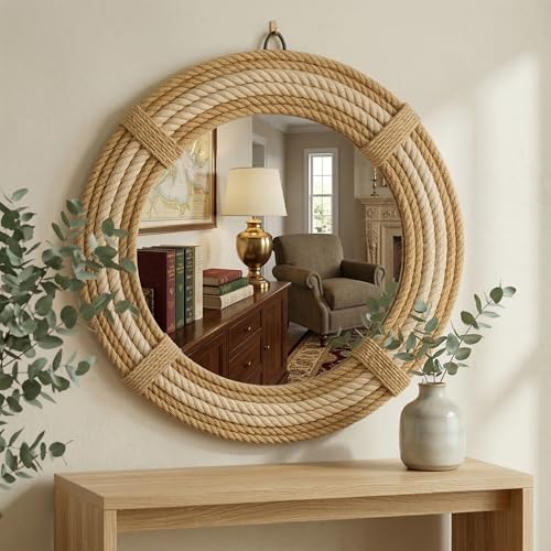 12" Inch Round Rustic Farmhouse Boho Shabby Chic Wall Hanging Mirror with Natural Jute Rope Decor Accent for Entryway, Bedroom, or Living Room (Color 5) - color: Color 5