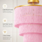 3-Tiered Pink Chandelier,3 Lights Boho Fringe Pendant Light Fixture,Tassle Chandelier for entryway,Dining Room,Baby Nursery,Gold and Pink - color: 3-Tiered-Pink