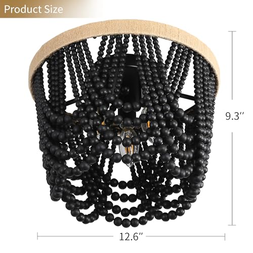 Bohemian Lighting Bohemian Chandelier Handmade Beaded Chandelier Vintage Hemp Rope Woven Ceiling Lighting 3 Lights Wood Bead Chandelier Nursery Lighting Bedroom Ceiling Light (Black) - color: Black