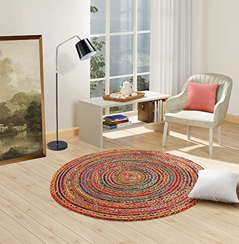 GRUHUM Handwoven 7'feet Jute Cotton Round Area Rug, Natural Multi Chindi Boho Colorful Rustic Vintage Soft Braided Reversible Bohemian Rug- Indoor EcoFriendly Kitchen Bedroom Living Room 7'ft Circle - color: Multi Color- 06, size: 7' (Round)