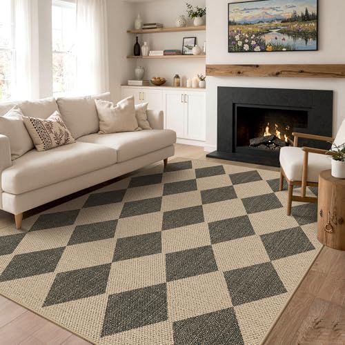 Bavni Checkered Easy Jute Rug,8x10 Area Rug Machine Washable Non Slip Woven Plaid Carpet, Geometric Diamond Non Shedding Low Pile Modern Farmhouse Floor Mat for Living Room, Bedroom, Dining Room - color: Checkered-1, size: 8X10