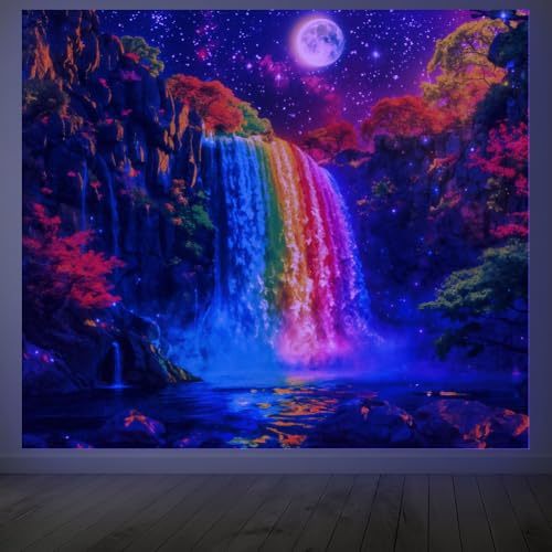 CRAFTYMELODY Rainbow Waterfall Blacklight Tapestry Glow in the Dark Tapestry UV Reactive Lake Moon Wall Hanging 59×51 Inch with Hook Self Adhesive Sticker Clip for Bedroom Home Wall Decoration - color: Rainbow Waterfall