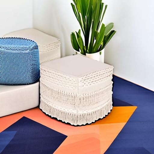 REDEARTH · UNSTUFFED Pouf Ottoman Cover Boho Textured Storage Cube Poof, Farmhouse Accent Pouffe Footrest for Living Room, Bedroom, Nursery, kidsroom, Nook; 100% Cotton (18x18x18; Natural)