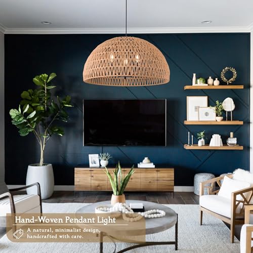 24" Brown Woven Pendant Light Boho Chandelier Dome Rustic Farmhouse Chandelier Wicker Pendant Light Rattan Light Fixture for Dining Room Living Room Bedroom Kitchen Island Foyer(Bulb Incl) - color: 24" Natural