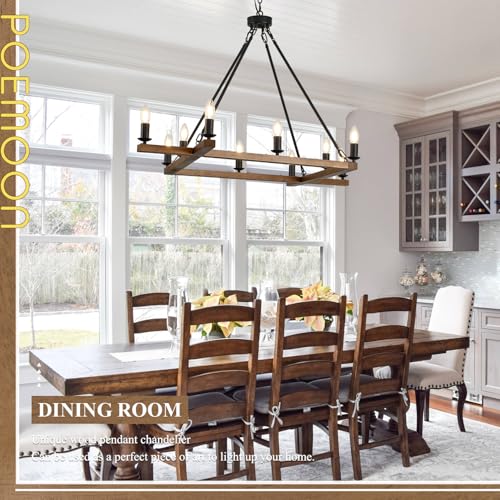 Rustic Oak Wooden Square Chandelier 10-Light L53'' Farmhouse Unique Rectangular Candle Chandelier Long Ceiling Pendant Lighting for High Ceiling Living Dining Room Foyer Kitchen Island, E12 - color: Golden Oak, size: 53 inches