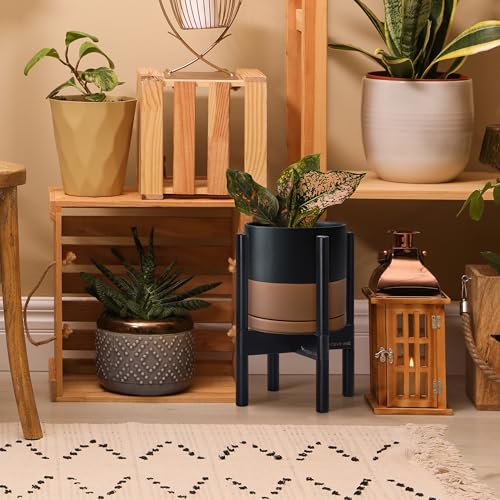 D'vine Dev Ceramic Planter with Ebony Stand - 8 Inch Modern Round Flower Pot with Wood Planter Holder, Black/Speckled Tan, 55-B-M-7 - color: Black/Speckled Tan Pot + Ebony Stand, size: 8 Inch