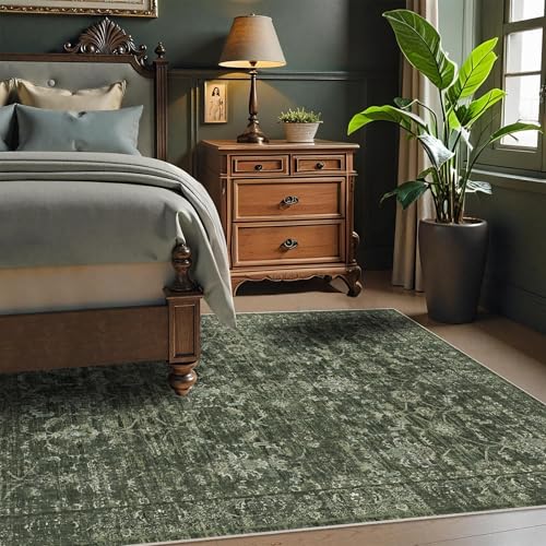 3x5 Washable Area Rugs for Living Room, Vintage Boho Large Rug for Bedroom Dining Room Office, Distressed Floral Print Carpet for Under Table, Soft Non Slip Low Pile Throw Carpet Indoor Mat, Green - color: Dark Green, size: 3' x 5' (Rectangular)