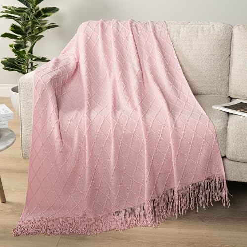 PAVILIA Light Pink Knit Throw Blanket for Couch Bed, Soft Knitted Farmhouse Sofa Throw for Living Room, Lightweight Decorative Summer Throw Blanket for Chair, Outdoor Textured Boho Blanket, 50x60 - color: Blossom Pink, size: 50 X 60 Inches - Throw