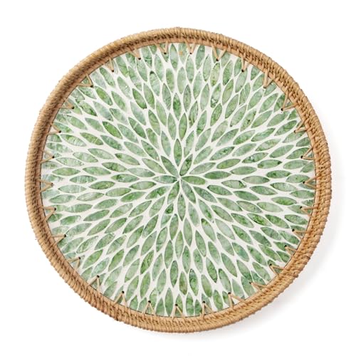 Round Rattan Tray with Mother of Pearl Inlay, Decorative Wicker Serving Tray with Wooden Base, Woven Basket Trays for Bread Fruits Coffee, Leaf - color: Leaf