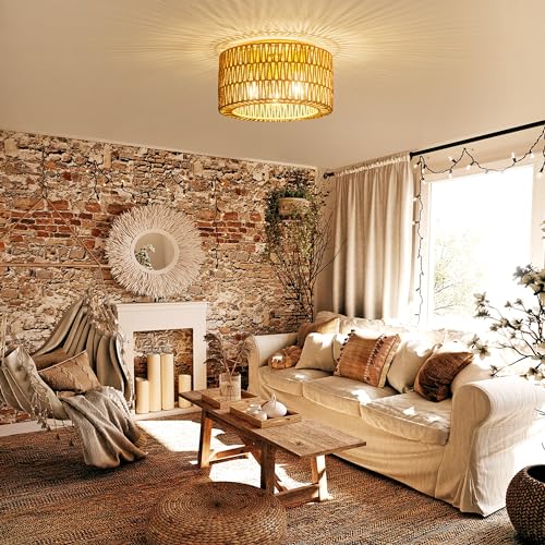 Rattan Ceiling Light Fixture, 3 Light Bohemian Modern Woven Ceiling Light, Boho Flush Mount Ceiling Light for Bedroom Living Room Dining Room, Bulb NOT Included - color: Gold, size: 3-Light-Round