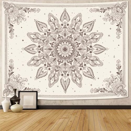 Motanber Floral Mandala Tapestry Wall Hanging Boho Beige Tapestry Aesthetic Bohemian Flower Cute Large Tapestries for Bedroom Living Room Dorm Wall Decor 80 x 60 Inch - color: Beige White, size: 80"L x 60"W