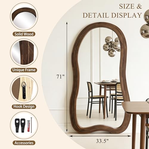 Irregular Full Length Mirror, 71"x33.5" Oversized Organic Floor Mirror with Triple-Layer Solid Wood Frame, Asymmetrical Full Body Mirrors for Entryway Hallway Living Room, Leaning/Hanging - color: Walnut, size: 71"L x 33.5"W