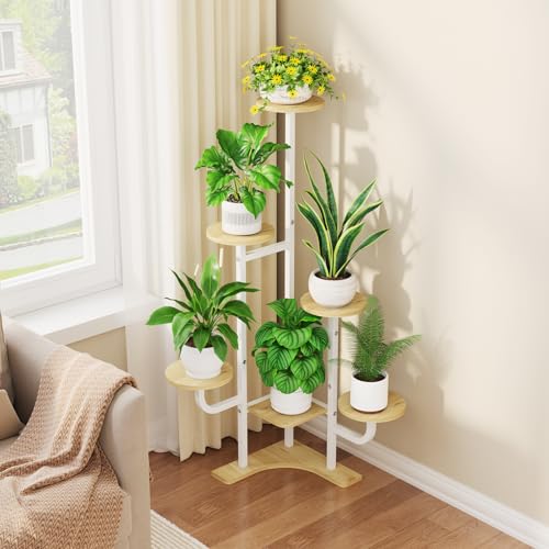 Homsorout Corner Plant Stand with Grow Light - 6 Tier Plant Stand Indoor Round Metal Plant Shelf with Adjustable Light, Plant Organizer for Living Room, Graden, Home Decor (Maple) - color: Maple & Round
