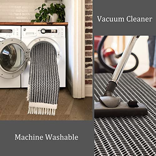 Lahome Belle Boho Bathroom Rugs, Small 2x3 Front Door Mat Lightweight Kitchen Rug Woven Cotton Area Rug with Tassels, Farmhouse Washable Black and White Throw Rug Low Pile Carpet for Entry Laundry - color: Black, size: 2' x 3' (Rectangular)