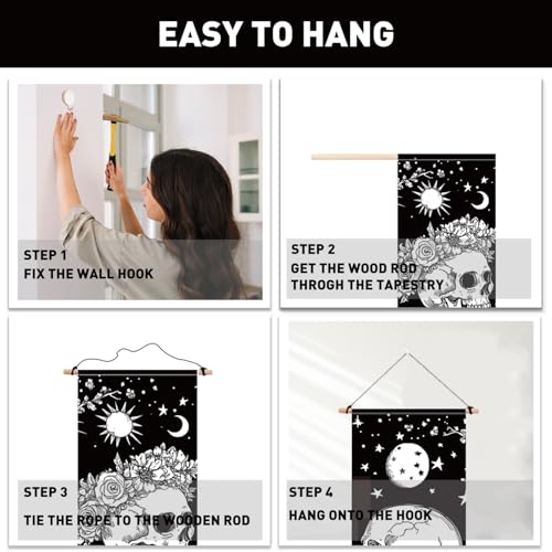 PLIGREAT 2 Pack Skull Long Tapestry Aesthetic Black and White Skeleton Wall Hanging with Tassels Sun Moon Tapestry for Bedroom Bathroom Living Room Long Narrow Wall Hanging Home Art Decor - color: Black and White