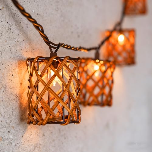 Decorative String Lights Plug in with 10 Incandescent Bulbs, Handwoven Rattan Cylinder-shaped Boho Lantern String Lights Connectable Weatherproof Outdoor Indoor for Bedroom Patio Pergola Decor (Brown) - color: Brown