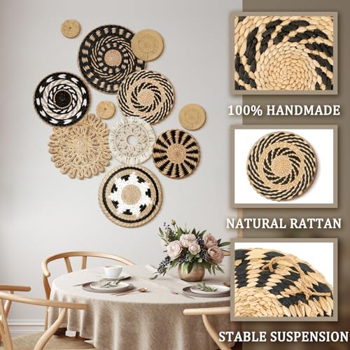 Tatuo 11 Pcs Boho Wall Basket Decor Bulrush Woven Wall Hanging Art Round Farmhouse Rustic Handmade Wicker for Summer Home, Bedroom, Living Room, Kitchen Decorations, Multi Sizes(Boho) - style: Bohemian