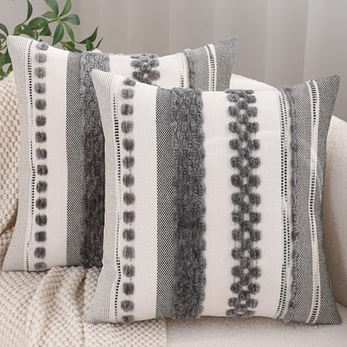 Grey Throw Pillow Covers 18x18 Set of 2 Boho Stripe Pillow Covers Tufted Decorative Pillow Case Accent Pillowcase Farmhouse Cushion Case Nuetral Textured Pillow Cover Spring Home Decor - color: Gray Stripe, size: 18" x 18" (Pack of 2)