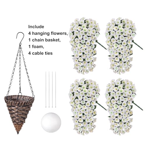 Artificial Fake Flowers Plants Hanging Baskets for Outdoor Outside Decor, Faux Silk Hanging White Morning Glory Trailing Vines UV Resistant for Porch Patio Home Decoration - color: White