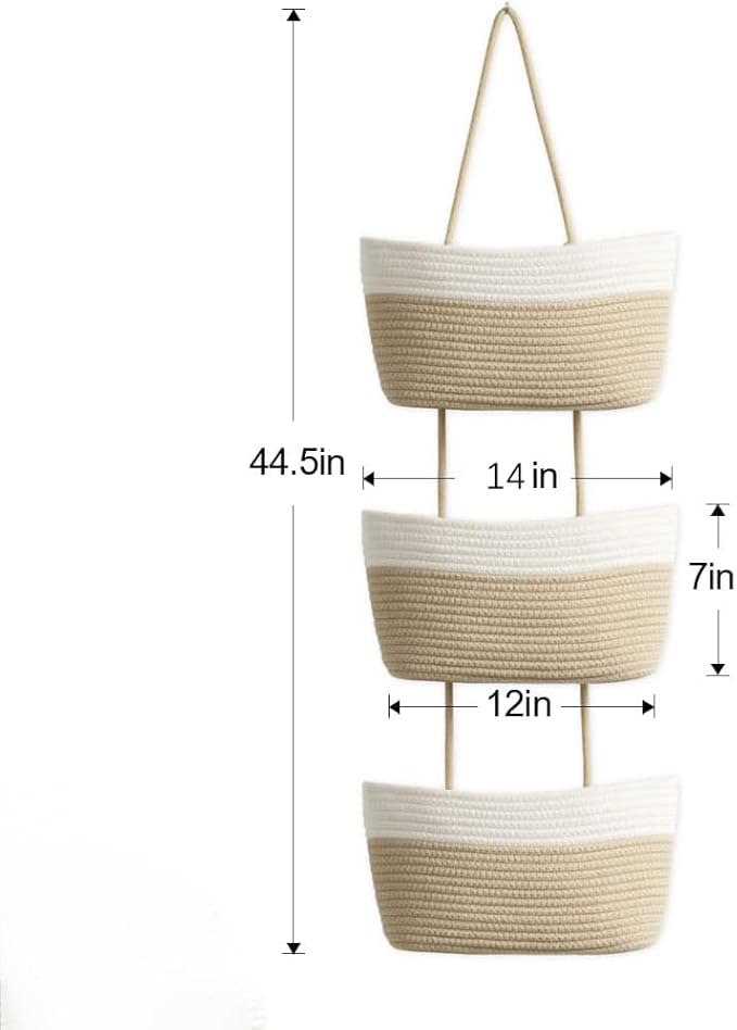3-Tier Cotton Rope Wall Hanging Storage Baskets, Woven Over The Door Hanging Organizer for Bathroom Bedroom Living Room Nursery, Boho Hanging Shelves for Towels Toys Cosmetics (Beige & White)