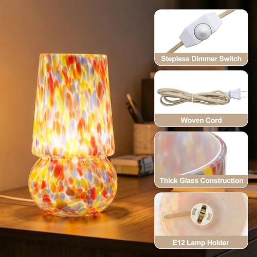 9.8 Inch Mushroom Table Lamp, UL Listed Dimmable Small Desk Bedside Lamp with Woven Beige Cord, Handcrafted Pattern, Murano Home Decor for Bedroom, Living Room, Pastel Confetti, No Bulb Included - color: Pastel Confetti