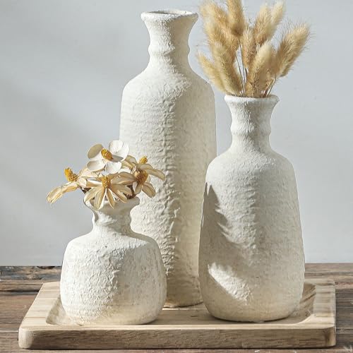 Ceramic Vase Set of 3, Neutral Rustic Vases Home Decor Farmhouse Decorative Vase Whitewashed Pottery Decor Boho Modern for Table Mantel Entryway Bookshelf Living Room Kitchen Bathroom Bedroom - White - color: 011 Vase Set - White