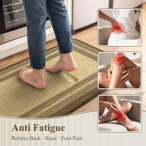 KIMODE Anti Fatigue Kitchen Mats for Floor, Farmhouse Kitchen Rugs Sets of 2, Cushioned Kitchen Floor Mats, Brown/Khaki Laundry Room Mat, Comfort Standing Mat for Sink Office Desk 17"x47"+17"x29" - color: Brown/Khaki, size: 17.3" x 47 "+ 17.3" x 29 "--0.4