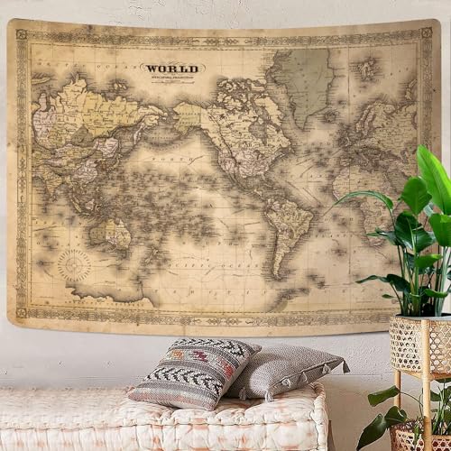 GOAOK Retro Old World Map - Vintage Asian & European Topography - Educational Tapestry for Classroom & Office - Brown Adventure Travel World Map - 60"X40" - color: Vintage Map, size: 60L" x 40W"