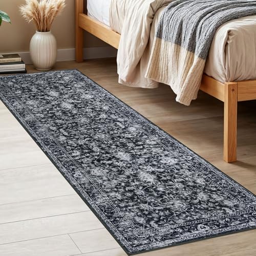 KILOCOCO Washable Runner 2x6 Rug Runner Printed Vintage Floral Kitchen Runners Non-Slip Rubber Backed Runners for Hallways Distressed Thin Soft Rugs for Entryway Laundry Room, Black/Navy/White - color: Black/White, size: 2' x 6' (Runner)
