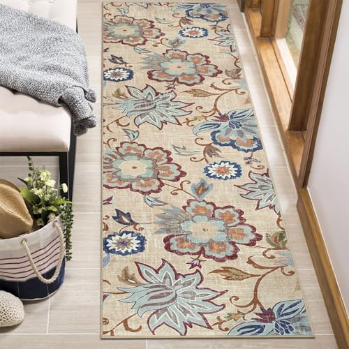 Beeiva Floral Carpet Runners for Hallway 8ft, Hallway Washable Kitchen Runner Rug Non Slip, Ultra Thin Vintage Plant Carpet Rugs with Low Pile for Kitchen Bathroom (Cream,2'x8') - color: Cream, size: 2' x 8' (Rectangular)