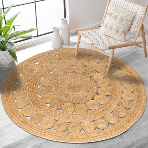 Hand Woven Jute Area Rug - 5' Round - Rustic Beige Reversible Farmhouse Rugs for Bedroom, Kitchen, Living Room - Vintage Natural Braided Entry Floor Décor Circle Boho 5 Foot Round Rug - color: Natural, size: 5' (Round)
