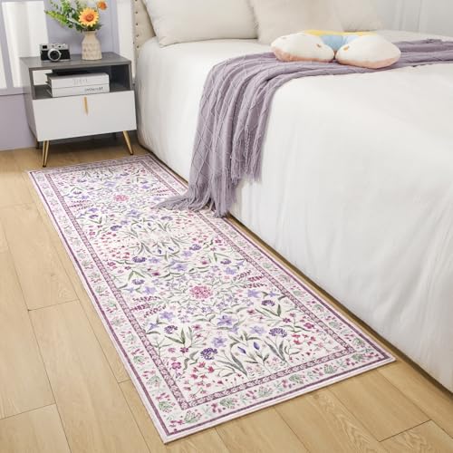 Amearea Purple Runner Rugs for Hallway, 2x6 Feet Area Rugs for Bedroom Girls, Washable Floral Collection Bedside Rugs Low Pile Print Carpet, Kids Room Entrance Kitchen Living Room Decor - color: Purple, size: 2x6 Feet
