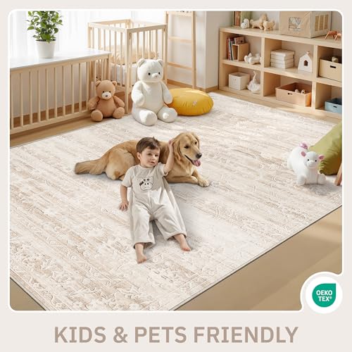 Soalmost Area Rugs 5x7 for Living Room, Floral Washable Rugs for Dining Room, Bedroom, Kitchen, Vintage Non-Slip Thin Area Rug Beige Ivory - color: Beige/Ivory, size: 5' x 7' (Rectangular)