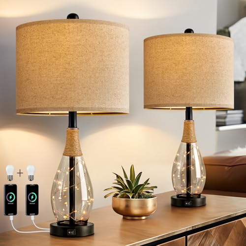 OYEARS 23" Table Lamps for Living Room Set of 2 Bedside Lamps for Night Stands Bedroom Lamps Farmhouse Rattan Boho Lamp Glass Nightlight End Table Lamp with USB C+A (Black),Two Light Points - color: Farmhouse Black