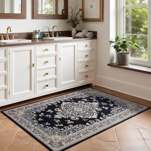 HOMORE Black Rug 3x5 Entryway Rugs, Washable Non Slip Rug for Bedroom Living Room Vintage Floral Rugs for Kids Room, Indoor Carpet for Kitchen Farmhouse Home Office - color: Black, size: 3' x 5' (Rectangular)