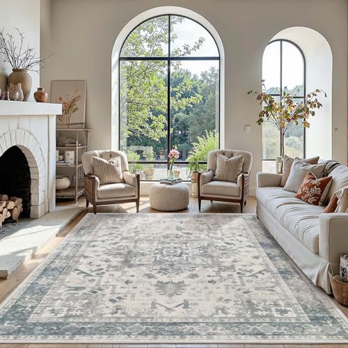 Rugxara Area Rugs 5x7, Washable Rugs for Living Room, Vintage Boho Light Blue Rug for Office, Dining Room, home decorKids Room and Farmhouse,Home Decor Durable Low Pile Non-Slip for High Traffic Areas - color: Blue & Grey, size: 5' x 7' (Rectangular)