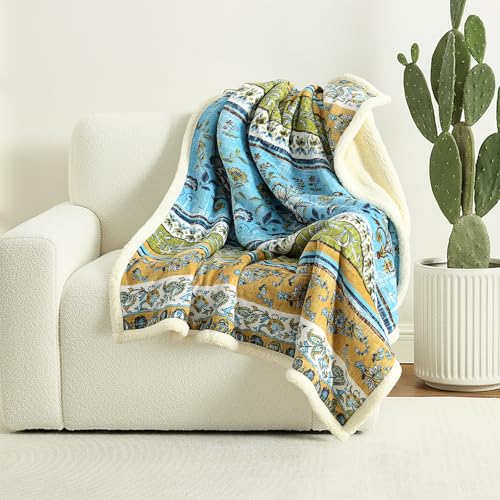 Boho Chic Sherpa Throw Blanket - Vibrant Bohemian Print & Ultra-Soft Cozy Lining, Stylish & Warm Winter Throw for Couch, Bed, or Décor - color: Boho-olive Green, size: 50" x 60"