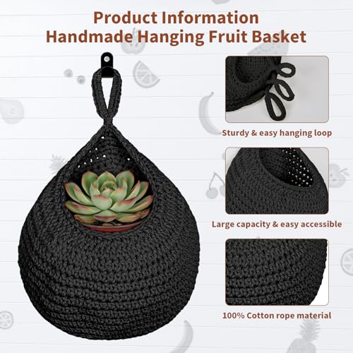 3 Pack Boho Decor Hanging Fruit Baskets for Kitchen, Hand-woven Cotton Wall Storage Hanging Baskets with Hooks 3 Sizes, Hanging Holder Teardrop Produce Basket for Fruit Vegetable Potato Onion, Black - color: Black, size: 3 Pack