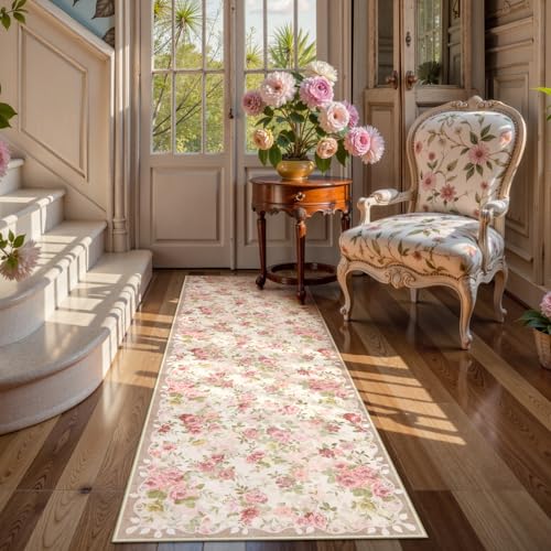 Lahome Floral Runners for Hallways Non Slip, 2x6 Washable Kitchen Runner Rug, Soft Boho Throw Carpet for Girls Bedside Bedroom Laundry Bathroom Nina Beige/Pink/Multi - color: Beige, size: 2' x 6' (Rectangular)