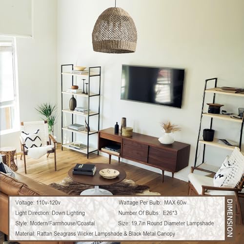 19.7" Boho Rattan Chandelier Fixture,3-Light Farmhouse Wicker Hand Woven Ceiling Hanging Chandeliers of Living Room Dining Room Kitchen Island Hallway - size: 3-Light 19.7 inch