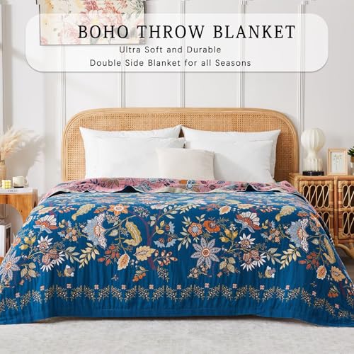 Boho Blanket Soft Muslin BohoThrow Blanket, 100% Cotton Floral Printed Farmhouse Decor All Season Reversible Rustic Throw for Sofa Couch Chair（Blue, 60"x80"） - color: Blue, size: 60"x80"