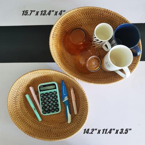 Large 14inch Oval Rattan Fruit Serving Basket,Wicker High Wall Fruit Vegetable Serving Basket Bowl,Large Rattan Dining Table Bowl for Various Things,Bread,Snack,Odds and Ends,Natural Brown - color: Brown(14.2"x11.5"x3.5")