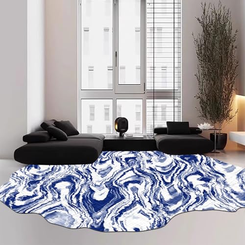 Blue White Abstract Marble Texture Irregular Shaped Area Rug 2x3 Modern Washable Irregular Rugs for Living Room Bedroom Guestroom Soft Thin Faux Wool Carpet Funky Art Deco Office Nursery Floor Mat - color: A, size: 2x3