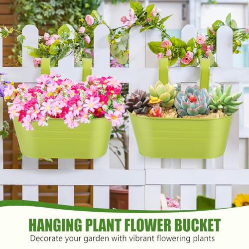 OBTANIM 4 Pack Metal Hanging Flower Pots Iron Railing Planter Outdoor Fence Hanging Pots Bucket Plant Holder with Detachable Hooks Drain Holes for Home Garden Yard Decor (Green) - color: Green