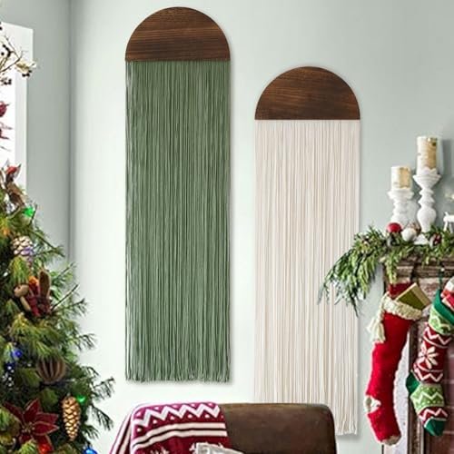 Flber 2 Pcs Macrame Wall Hanging Boho Decor Wall Tapestry Handmade Round Tassel 13.7" W x 51" L For Living Room Bedroom Headboard Decor - color: Ivory and Green