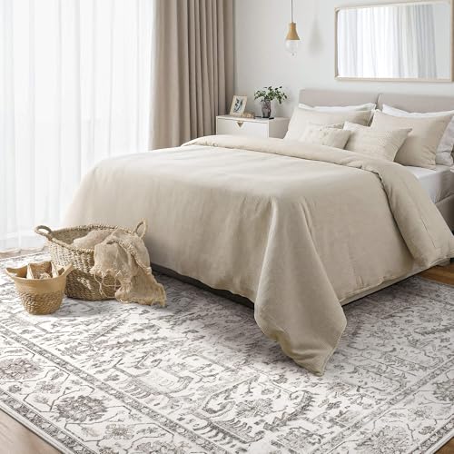 5x8 Area Rugs for Living Room - Washable Soft Large Vintage Rug Non-Slip Stain Resistant Traditional Stain Resistant Indoor Floor Low Pile Carpet for Bedroom Dining Room or Home Office - White - color: White, size: 5' x 8' (Rectangular)