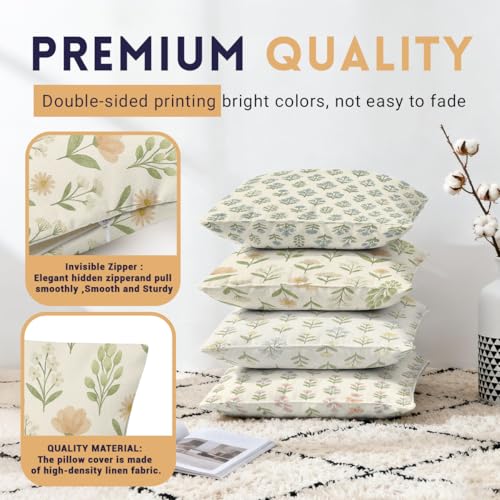 Blue Green Block Throw Pillow Covers 18x18 Set of 4, Vintage Floral Spring Decorative Cushion Cases for Couch Sofa and Bedroom Pillcases Home Decor for Living Room - color: Blue Green Block