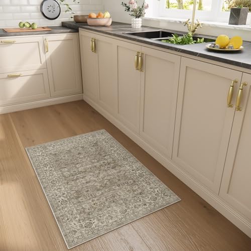 Boho Washable Throw Rugs for Entryway: Door Mat Indoor Entrance 2x3 Small Rug Stain Resistant Non-Slip Low Pile Soft Carpet for Kitchen Front Door Indoor Entrance Entry Bedroom - color: Brown Grey Cream, size: 2' x 3' (Rectangular)